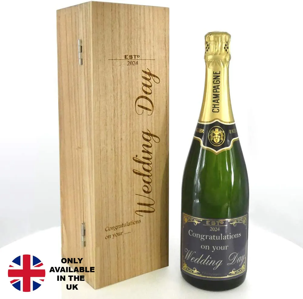 Wedding Day Gift For Couples Personalised 75cl Bottle of Champagne Presented in an engraved Wooden Box 2024