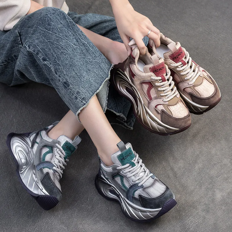 Women Fashion Patchwork Leather Chunky Platform Sneakers