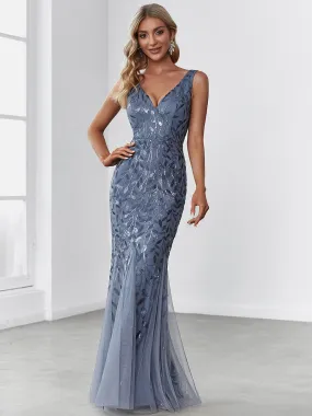 Women's Double V-Neck Fishtail Sequin Evening Dress